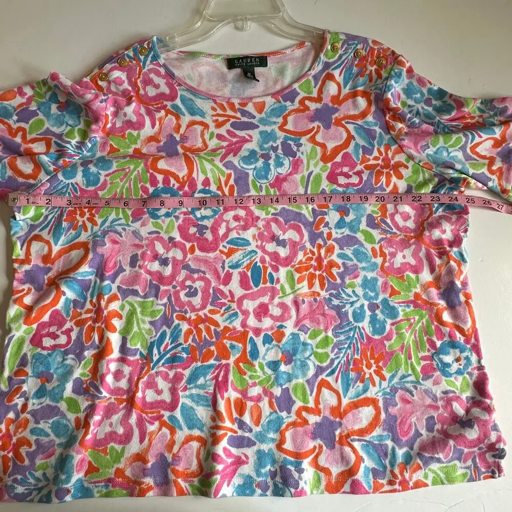 Lauren Ralph Lauren Artsy Floral Top Womens Size 3X Colorful 3/4 Sleeve Knit Tee